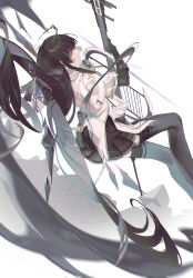 Rule 34 | 1girl, absurdly long hair, antenna hair, arknights, ascot, black ascot, black garter straps, black gloves, black hair, black halo, black skirt, black sleeves, black thighhighs, black wings, blunt bangs, blurry, blurry background, blurry foreground, bow (music), bright pupils, broken halo, cello, chinese commentary, chromatic aberration, closed mouth, collared jacket, commentary request, dark halo, depth of field, detached wings, energy wings, feet out of frame, floating, floating hair, from side, garter straps, gloves, grey eyes, halo, hands up, highres, hime cut, holding, holding bow (music), holding instrument, holding violin, instrument, jacket, knee up, layered sleeves, light smile, long hair, long sleeves, looking at viewer, miniskirt, music, pale skin, playing, playing instrument, pleated skirt, procreate (medium), profile, rubble, samo (shichun samo), short over long sleeves, short-sleeved jacket, short sleeves, sidelocks, sideways glance, simple background, skirt, solo, straight hair, strap, thighhighs, very long hair, violin, virtuosa (arknights), white background, white jacket, white pupils, wide sleeves, wings, zettai ryouiki