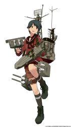 Rule 34 | 10s, 1girl, aircraft, aircraft carrier, airplane, belt, black eyes, black hair, black socks, blush, boots, cannon, full body, green eyes, highres, kantai collection, kneehighs, military, military vehicle, mogami (kancolle), official art, open mouth, personification, sailor collar, school uniform, seaplane, shibafu (glock23), ship, short hair, shorts, smile, socks, solo, standing, standing on one leg, transparent background, turret, warship, watercraft, weapon