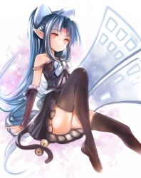 Rule 34 | 00s, 1girl, arm warmers, bell, black dress, black thighhighs, blue hair, bow, cat tail, dress, ephtracy, hair bow, highres, len (tsukihime), light smile, long hair, mary janes, melty blood, pointy ears, ponytail, red eyes, shoes, solo, strap slip, tail, tail bell, tail ornament, thighhighs, tsukihime, very long hair