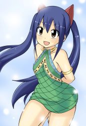 Rule 34 | arms behind back, blue hair, breasts, brown eyes, dmayaichi, dress, fairy tail, highres, legs, long hair, simple background, small breasts, wendy marvell