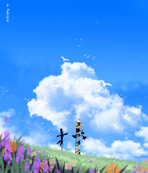Rule 34 | artist name, bird, blue sky, cloud, cloudy sky, commentary, day, english commentary, field, flower, no humans, original, outdoors, reinforced, scarecrow, scenery, sky