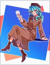 Rule 34 | 1girl, alcohol, ankle boots, aqua eyes, aqua hair, blush, boots, brown coat, brown footwear, brown hat, closed mouth, coat, crossed legs, cup, drinking glass, french flag, full body, hat, hatsune miku, highres, holding, holding cup, long hair, long sleeves, red lips, shirayuki banana, sitting, smile, solo, vocaloid, wine, wine glass, worldwide miku