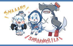 Rule 34 | abyssal ship, alternate costume, animal hood, bloop (gawr gura), blue eyes, blue hoodie, blunt bangs, blush, chibi, cosplay, costume switch, crossover, english text, fins, fish tail, gawr gura, hair ornament, hammerhead shark, hi ye, hololive, hololive english, hood, hoodie, kantai collection, long sleeves, multicolored hair, scar, shark girl, shark hair ornament, shark hood, shark print, shark tail, sharp teeth, silver hair, south pacific aircraft carrier princess, streaked hair, tail, teeth, twitter username, two side up, virtual youtuber, wide sleeves
