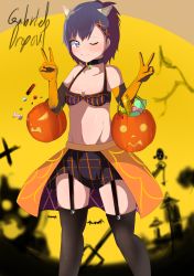 Rule 34 | 1girl, ;), absurdres, animal ears, bare shoulders, bell, black choker, black thighhighs, breasts, cat ears, choker, cleavage, copyright name, cross, double v, elbow gloves, food, gabriel dropout, garter straps, gloves, hair ornament, hairclip, halloween bucket, halloween costume, highres, looking at viewer, medium hair, midriff, miniskirt, navel, neck bell, one eye closed, orange gloves, polearm, purple eyes, purple hair, shiba enoki, skirt, small breasts, smile, solo, sweets, thighhighs, trident, v, vignette tsukinose april, weapon, x hair ornament, yellow background