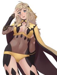 Rule 34 | 1girl, ahoge, arm up, asagi (banzoku210), blonde hair, breasts, bridal gauntlets, cape, circlet, earrings, emblem, fire emblem, fire emblem fates, grey eyes, hand on own face, highres, jewelry, long hair, looking at viewer, nintendo, open mouth, ophelia (fire emblem), smile, solo, white background