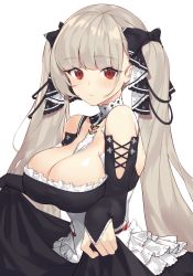 Rule 34 | 1girl, azur lane, bare shoulders, between breasts, black bow, black dress, blunt bangs, blush, bow, breasts, choker, cleavage, corset, curtsey, dress, formidable (azur lane), frilled dress, frills, grey hair, hair bow, hair ribbon, highres, large breasts, long hair, long sleeves, looking at viewer, red eyes, ribbon, seon (seonon ), solo, twintails, two-tone dress, two-tone ribbon, very long hair