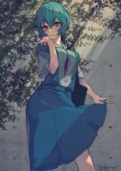 Rule 34 | 1girl, ayanami rei, bag, blouse, blue hair, blue shirt, blue skirt, breasts, closed mouth, commentary, concrete, cowboy shot, daliyang, hair between eyes, hand up, highres, looking at viewer, medium breasts, neck ribbon, neon genesis evangelion, plant, red eyes, red ribbon, ribbon, school uniform, shirt, short hair, short sleeves, shoulder bag, signature, skirt, skirt hold, smile, solo, sunlight, suspender skirt, suspenders, tokyo-3 middle school uniform, vines