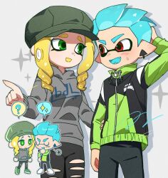 Rule 34 | 1boy, 1girl, ?, arm behind head, black jacket, black pants, blonde hair, blue hair, blush, chibi, chibi inset, closed eyes, closed mouth, commentary, green eyes, green headwear, green jacket, grey background, grey hoodie, hat, hg swdiary, highres, hood, hoodie, inkling, inkling boy, inkling girl, inkling player character, jacket, long hair, multicolored clothes, multicolored jacket, nintendo, open mouth, pants, pointing, pointy ears, print hoodie, red eyes, short hair, simple background, smile, splatoon (series), spoken question mark, spoken sparkle, standing, sweat, symbol-only commentary, tentacle hair, thick eyebrows, torn clothes, torn pants, two-tone jacket, zipper, zipper pull tab