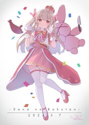 Rule 34 | 1girl, absurdres, blush, closed mouth, confetti, crown, dated, dress, fang, full body, gloves, hair ornament, highres, light brown hair, long hair, looking at viewer, natori sana, ouba itsuki, pink footwear, rabbit hair ornament, red eyes, sana channel, shoes, shrimp, signature, simple background, skin fang, solo, stuffed animal, stuffed rabbit, stuffed toy, thighhighs, twitter username, two side up, virtual youtuber, white gloves, white thighhighs