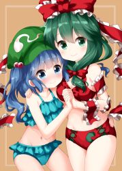 Rule 34 | 2girls, arm around waist, bare arms, bare shoulders, bikini, blue bikini, blue eyes, blue hair, blush, bow, breasts, brown background, cabbie hat, collarbone, commentary request, cowboy shot, frilled bikini, frilled ribbon, frills, front ponytail, green eyes, green hair, green headwear, groin, hair bow, hair ribbon, hat, highres, holding hands, interlocked fingers, kagiyama hina, kawashiro nitori, long hair, looking at viewer, medium breasts, multiple girls, navel, outside border, red bikini, red bow, red ribbon, ribbon, ruu (tksymkw), simple background, smile, standing, stomach, swimsuit, thighs, touhou, two side up, yuri