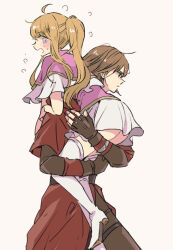 Rule 34 | 1boy, 1girl, ass, blonde hair, boots, brown eyes, brown hair, carrying, clarine (fire emblem), fingerless gloves, fire emblem, fire emblem: the binding blade, gloves, long hair, looking back, miniskirt, nintendo, open mouth, ponytail, purple eyes, rutger (fire emblem), serious, simple background, skirt, tenjin (ahan), thigh boots, white background, white footwear