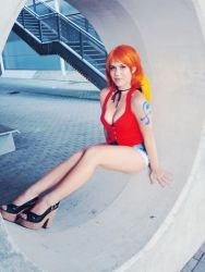 Rule 34 | 1girl, breasts, cosplay, nami (one piece), nami (one piece) (cosplay), one piece, orange hair, photo (medium), skirt, solo