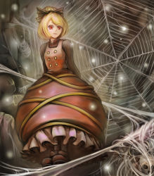 Rule 34 | 1girl, arms behind back, bad id, bad pixiv id, blonde hair, bow, dress, female focus, frills, gathers, hair bow, kurodani yamame, light particles, red eyes, sai-go, short hair, silk, solo, spider web, touhou