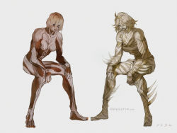 Rule 34 | 2girls, arm rest, barbariccia, barefoot, blue eyes, closed mouth, comparison, crossover, exposed muscle, female titan, final fantasy, final fantasy xiv, full body, hair between eyes, leaning forward, looking at viewer, medium hair, multiple girls, nude, q6q6tikin, shingeki no kyojin, simple background, sitting, spikes, titan (shingeki no kyojin), trait connection, twitter username, white background