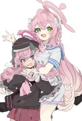 Rule 34 | 2girls, black headwear, blue archive, blush, braid, feathered wings, green eyes, hair ribbon, halo, hanako (blue archive), hat, head wings, highres, koharu (blue archive), long hair, multiple girls, necktie, nomi mushi, open mouth, pink eyes, pink hair, pleated skirt, red skirt, ribbon, sailor collar, school uniform, simple background, skirt, white background, wings