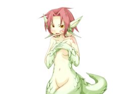 Rule 34 | 1girl, animal ears, blush, bmp-to-png conversion, breasts, collarbone, colored skin, completely nude, covering breasts, covering privates, cowboy shot, dragon ears, dragon girl, dragon tail, facial tattoo, fins, frfr, game cg, granberia, green skin, hair intakes, head fins, looking at viewer, medium breasts, mon-musu quest!, monster girl, navel, neck tattoo, no pussy, non-web source, nude, open mouth, pointy ears, red hair, scales, short hair, simple background, smile, solo, tail, tattoo, transparent background, v-shaped eyebrows, yellow eyes, yellow skin