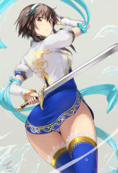 Rule 34 | 1girl, ass, blue thighhighs, blush, breasts, brown eyes, brown hair, chai xianghua, chinese clothes, closed mouth, commentary request, dress, elbow gloves, from behind, gloves, headband, highres, legs together, looking at viewer, looking back, medium breasts, panties, pantyshot, short hair, simple background, skirt, solo, soul calibur, standing, sword, tea (nakenashi), thighhighs, underwear, upskirt, weapon, white gloves, white panties
