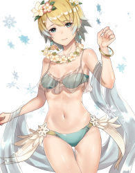 Rule 34 | 1girl, bikini, blonde hair, blue bikini, blue eyes, blue hair, blush, bracelet, breasts, breasts apart, collarbone, commentary request, crown, earrings, fire emblem, fire emblem heroes, fjorm (fire emblem), flower, flower necklace, gradient hair, hair flower, hair ornament, haru (nakajou-28), jewelry, looking at viewer, multicolored hair, navel, necklace, nintendo, shawl, short hair, simple background, small breasts, snowflake background, solo, swimsuit, thigh gap, two-tone hair