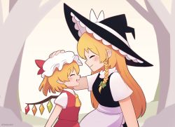 Rule 34 | 2girls, ^ ^, absurdres, apron, ascot, black headwear, blonde hair, braid, closed eyes, closed mouth, commentary, crystal, english commentary, facing another, ferdy&#039;s lab, flandre scarlet, from side, hat, headpat, highres, kirisame marisa, long hair, mob cap, multiple girls, open mouth, pointy ears, red skirt, red vest, short hair, short sleeves, side braid, single braid, skirt, smile, touhou, upper body, vest, waist apron, white apron, white headwear, wings, witch hat, yellow ascot