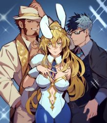 Rule 34 | 1girl, 2boys, alternate costume, animal ears, artoria pendragon (all), artoria pendragon (fate), artoria pendragon (swimsuit ruler) (fate), beard, blue eyes, brown hair, facial hair, fake animal ears, fate/grand order, fate (series), glasses, hand on headwear, hands in pockets, hat, highres, idk-kun, leotard, long sideburns, long sleeves, looking at viewer, multicolored hair, multiple boys, muscular, napoleon bonaparte (fate), navel, official alternate costume, one eye covered, pantyhose, pectorals, playboy bunny, rabbit ears, scarf, sideburns, sigurd (fate), simple background, smile