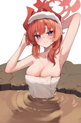 Rule 34 | 1girl, absurdres, arm up, armpits, blue archive, blue eyes, blush, breasts, cleavage, collarbone, demon horns, halo, highres, horns, large breasts, looking at viewer, megu (blue archive), naked towel, onsen, pointy ears, presenting armpit, red hair, refraction, smile, solo, towel, ziro (zirorong)