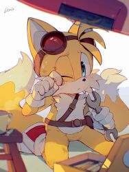 Rule 34 | 1boy, animal ears, animal nose, artist name, belt, blue eyes, blush, box, braid, brown belt, c52278, chair, chinese commentary, closed mouth, commentary request, cup, eyewear on head, floor, fox boy, fox ears, fox tail, furry, furry male, glasses, gloves, grey gloves, hand on own face, hands up, highres, holding, holding wrench, looking at viewer, male focus, multiple tails, one eye closed, red footwear, round eyewear, seiza, shadow, shoes, single braid, sitting, sneakers, solo, sonic (series), sweat, sweatdrop, tail, tails (sonic), two tails, white background, wrench, yellow fur