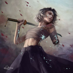 Rule 34 | 1girl, absurdres, amputee, android, artist name, bandaged arm, bandages, blood, blood on arm, blood on clothes, blood on face, blue blood, blue eyes, chest sarashi, circuit, colored blood, commentary, english commentary, from below, grey hair, highres, holding, holding sword, holding weapon, katana, long skirt, looking afar, looking back, looking to the side, missing limb, navel, numbered, original, over shoulder, palson, parted lips, realistic, sarashi, shoulder tattoo, signature, simple background, skirt, solo, sparks, sword, sword over shoulder, tattoo, weapon, weapon over shoulder