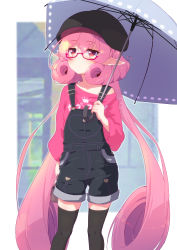 Rule 34 | 1girl, absurdres, bag, bespectacled, black thighhighs, closed mouth, commentary, contemporary, glasses, handbag, highres, holding, holding umbrella, light frown, long hair, long sleeves, looking to the side, low twintails, neneka (princess connect!), off shoulder, overall shorts, overalls, pink hair, pink shirt, pointy ears, princess connect!, print shirt, red-framed eyewear, semi-rimless eyewear, shirt, solo, standing, sw (taco), thighhighs, twintails, umbrella, under-rim eyewear, very long hair