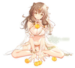 Rule 34 | 1girl, :o, animal ears, arm support, barefoot, blush, bra, bracelet, breasts, brown hair, choker, clouble, copyright name, detached sleeves, food, frilled sleeves, frills, fruit, full body, green eyes, hair ornament, hair tubes, head tilt, highres, indian style, jewelry, lace, lace-trimmed bra, lace choker, lace trim, large breasts, long hair, looking at viewer, messy hair, object on breast, panties, red: pride of eden, revealing clothes, see-through, simple background, sitting, solo, straight hair, underwear, white background, white bra, yuzu (fruit)