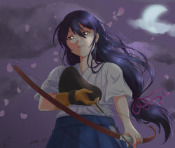 Rule 34 | 1girl, alternate hairstyle, archery, arrow (projectile), artist name, artist request, black skirt, blue hair, blue hakama, blue skirt, blush, bow (weapon), breasts, brown gloves, cloud, collarbone, falling petals, female focus, fingerless gloves, floating hair, full moon, gloves, hair between eyes, hair over shoulder, hair ribbon, hair tie, hakama, hakama skirt, half-closed eyes, highres, holding, holding arrow, holding bow (weapon), holding weapon, japanese clothes, kimono, kyuudou, layered skirt, long hair, long sleeves, looking at viewer, love live!, love live! school idol festival, love live! school idol project, low ponytail, miniskirt, moon, muneate, night, night sky, outdoors, parted lips, partially fingerless gloves, partly fingerless gloves, petals, pink lips, pink petals, plaid, plaid kimono, plaid skirt, pleated, pleated skirt, ponytail, purple ribbon, purple sky, ribbon, short sleeves, single glove, skirt, sky, smile, solo, sonoda umi, wavy hair, weapon, white kimono, yellow eyes, yugake