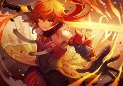 Rule 34 | 1boy, bare shoulders, braid, detached collar, detached sleeves, fate/grand order, fate (series), fire, fon-due (fonfon), gloves, glowing, holding, holding weapon, indian clothes, jewelry, long hair, looking at viewer, orange eyes, orange hair, ponytail, rama (fate), red eyes, red hair, smile, weapon
