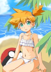 1girl asymmetrical_hair ball bare_shoulders barefoot beach beachball bikini blush breasts cloud creatures_(company) day feet frilled_bikini frills game_freak green_eyes highres legs looking_at_viewer misty_(pokemon) navel nintendo ocean open_mouth orange_hair outdoors poke_ball pokemon pokemon_rgby ponytail sand short_hair side-tie_bikini_bottom side-tie_clothing side-tie_swimsuit side_ponytail sitting sky smile solo swimsuit thighs tree water white_bikini yoshimi_mizunoe