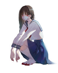 Rule 34 | 1girl, blood, blood drip, blood on clothes, blood on hands, blood stain, blue sailor collar, blue skirt, brown hair, full body, long hair, long sleeves, looking at viewer, mask, midriff peek, mouth mask, neckerchief, original, oto1 030, pleated skirt, red eyes, red neckerchief, sailor collar, school uniform, serafuku, shirt, simple background, skirt, socks, solo, squatting, white background, white mask, white shirt, white socks