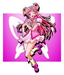 Rule 34 | 00s, 1girl, boots, bug, butterfly, cure dream, fingerless gloves, flower, frilled sleeves, frills, gambler club, gloves, hair flower, hair ornament, hair rings, bug, jewelry, knee boots, kohsaka jun, leg lift, long hair, looking at viewer, miniskirt, open mouth, pink hair, pink theme, pointing, pointing up, pouch, precure, puffy sleeves, purple eyes, skirt, smile, solo, standing, standing on one leg, wink, yes! precure 5, yes! precure 5 gogo!, yumehara nozomi