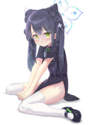 Rule 34 | 1girl, animal ear fluff, animal ears, black dress, black footwear, black hair, blue archive, china dress, chinese clothes, dress, green eyes, grin, highres, legs, long hair, looking at viewer, mary janes, mg42cat-k1ng, shoes, short sleeves, shun (blue archive), shun (small) (blue archive), sitting, smile, solo, spread legs, thighhighs, thighs, tiger ears, tiger girl, twintails, white thighhighs