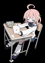 Rule 34 | &gt; &lt;, 1girl, ahoge, animated, animated gif, bandaid, bandaid on knee, bandaid on leg, black footwear, book, bow, bowtie, chair, closed eyes, daizu (melon-lemon), desk, flying sweatdrops, food-themed hair ornament, full body, glasses, grey bow, grey bowtie, grey skirt, hair ornament, holding, holding book, jaggy lines, kneehighs, long hair, long sleeves, looping animation, mary janes, miniskirt, open book, open mouth, original, over-rim eyewear, pencil, pencil case, pink hair, pleated skirt, school chair, school desk, school uniform, semi-rimless eyewear, shirt, shoes, simple background, sitting, skirt, sleeves past wrists, socks, solo, spring onion hair ornament, stitched, third-party edit, transparent background, two side up, variant set, white shirt, white socks