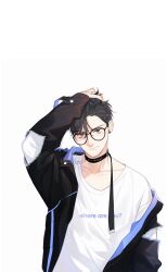 Rule 34 | 1boy, absurdres, black choker, black eyes, black hair, choker, closed mouth, djun, earrings, glasses, hand in own hair, here u are, highres, jacket, jacket partially removed, jewelry, male focus, ring, shirt, simple background, single earring, solo, upper body, watermark, white background, white shirt, yu yang (here u are)