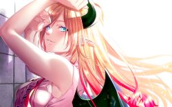 Rule 34 | 1girl, against wall, armpit crease, arms up, blonde hair, breasts, commentary, demon horns, demon wings, eyelashes, fenrir (fenlil0316), floating hair, green eyes, grin, highres, hololive, horns, large breasts, long hair, looking at viewer, parted bangs, parted lips, pointy ears, shadow, shirt, sleeveless, sleeveless shirt, smile, solo, sunlight, virtual youtuber, wall, white shirt, wings, yuzuki choco, yuzuki choco (1st costume)
