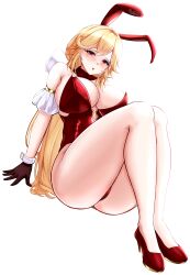 Rule 34 | 1girl, absurdres, ass, azur lane, bare shoulders, black gloves, blonde hair, blush, breasts, cleavage, gloves, high heels, highres, large breasts, leotard, long hair, musanix, open mouth, pale skin, playboy bunny, red eyes, red headwear, richelieu (azur lane), sitting, solo, thighs, white background