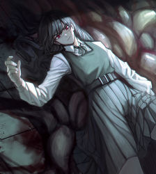 Rule 34 | &gt;:), 1girl, belt, belt buckle, black hair, blood, buckle, chainsaw man, collared shirt, dress, dutch angle, facial scar, feet out of frame, fkskii65, from above, grey dress, hand up, long hair, long sleeves, looking at viewer, lying, neck ribbon, on back, pinafore dress, red eyes, ribbon, ringed eyes, scar, scar on cheek, scar on face, school uniform, shirt, sleeveless, sleeveless dress, smile, smirk, solo, v-shaped eyebrows, white shirt, yoru (chainsaw man)