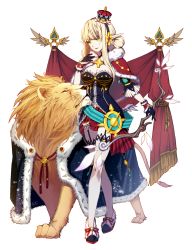 Rule 34 | 1girl, alternate hairstyle, artist name, black gloves, blonde hair, bow (weapon), breasts, capelet, cleavage, crown, earrings, elsword, full body, fur trim, garter straps, gloves, green eyes, hair bun, heart, highres, jewelry, kc/keisy, lion, long pointy ears, mini crown, parted lips, pointy ears, rena erindel, shoes, sidelocks, single hair bun, solo, sparkle, thighhighs, weapon, white background, white thighhighs