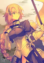 Rule 34 | 1boy, 1girl, absurdres, armor, artist name, back-to-back, blonde hair, braid, closed mouth, fate/apocrypha, fate (series), faulds, flag, gauntlets, hair between eyes, hand up, headpiece, highres, holding, holding flag, jeanne d&#039;arc (fate), jeanne d&#039;arc (ruler) (fate), long hair, looking to the side, nikame, outdoors, purple eyes, sieg (fate), signature, single braid, solo focus, standard bearer, thighhighs, very long hair, wavy hair