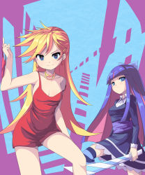 Rule 34 | 10s, 2girls, blonde hair, blue eyes, blush, breasts, cleavage, dress, earrings, hair ribbon, highres, jewelry, long hair, multicolored hair, multiple girls, panties, panty &amp; stocking with garterbelt, panty (psg), red dress, red panties, ribbon, saiste, short dress, siblings, sisters, stocking (psg), striped clothes, striped legwear, striped thighhighs, sword, thighhighs, two-tone hair, underwear, weapon