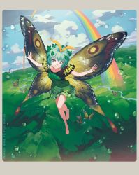 Rule 34 | 1girl, antennae, aqua hair, barefoot, brown eyes, bug, butterfly, butterfly wings, cloud, commentary, day, dress, eternity larva, flying, full body, green butterfly, green dress, hair ornament, highres, insect, insect wings, leaf hair ornament, looking at viewer, momijigari, open hands, outstretched arms, parted lips, rainbow, short hair, sky, smile, solo, sparkle, touhou, water drop, wings