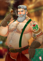 1boy absurdres arm_tattoo bara beard belly belt blue_eyes blurry blurry_background broad_shoulders brown_gloves bulge chest_hair christmas cigarette doctor_anfelo facial_hair gloves grey_hair highres holding holding_cigarette male_focus male_underwear muscular muscular_male navel neck_tattoo nipples original overalls plaid_clothes plaid_male_underwear shoulder_tattoo tattoo thick_beard thick_eyebrows undercut underwear