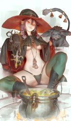 Rule 34 | 1girl, bell, black panties, boots, breasts, bug, cauldron, centipede, cloak, earrings, frog, gloves, green thighhighs, grin, hat, highres, jewelry, lizard, midriff, original, panties, pink hair, purple hair, red eyes, sharp teeth, smile, solo, spread legs, tail, teeth, thighhighs, timbougami, twintails, underboob, underwear, witch, witch hat