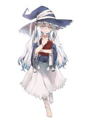 Rule 34 | 1girl, absurdres, bandages, barefoot, blue eyes, book, commentary request, girls&#039; frontline, hat, highres, holding, holding book, korean commentary, long hair, ribeyrolles (girls&#039; frontline), shey kr, smile, solo, white hair, witch, witch hat