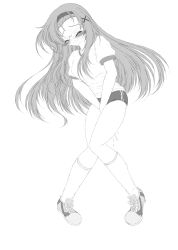 Rule 34 | 1girl, between legs, blush, breasts, buruma, embarrassed, closed eyes, female focus, full body, glasses, greyscale, gym uniform, hair ornament, hand between legs, have to pee, headband, highres, kishima tower, kneehighs, knees together feet apart, long hair, medium breasts, monochrome, original, own hands together, peeing, peeing self, pigeon-toed, revision, shirt, shoes, short sleeves, simple background, socks, solo, standing, sweat, tears, trembling, v arms, white background, x hair ornament