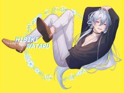 Rule 34 | 1boy, 55mot0, :d, arms behind head, arms up, black choker, black shirt, blue hair, brown footwear, character name, choker, collarbone, commentary request, crossed legs, ensemble stars!, feet up, flower, full body, grey pants, hair between eyes, hibiki wataru, highres, long hair, long sleeves, looking at viewer, male focus, open clothes, open collar, open mouth, open shirt, pants, purple eyes, reclining, shirt, shoes, sidelocks, simple background, smile, solo, very long hair, yellow background