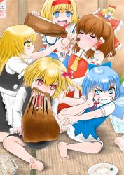 Rule 34 | 5girls, alice margatroid, angry, apron, arm up, ascot, barefoot, beer mug, black skirt, black vest, blonde hair, blue dress, blue eyes, blush, boned meat, bosutonii, bottle, bow, brown hair, capelet, cirno, clenched teeth, cup, daiyousei, detached sleeves, dress, drinking, drunk, eating, food, foot on another&#039;s face, from side, full-face blush, grabbing another&#039;s hair, hair between eyes, hair bow, hair ribbon, hair tubes, hairband, hakurei reimu, highres, holding, holding bottle, indoors, kirisame marisa, looking at another, meat, mug, multiple girls, no headwear, open mouth, out of frame, pinafore dress, plate, profile, pulling, pushing away, red eyes, red vest, ribbon, ribbon-trimmed sleeves, ribbon trim, rumia, shanghai doll, short hair, sitting, skewer, skirt, sleeveless dress, tatami, teeth, touhou, vest, waist apron, wings, yellow ascot, yellow eyes